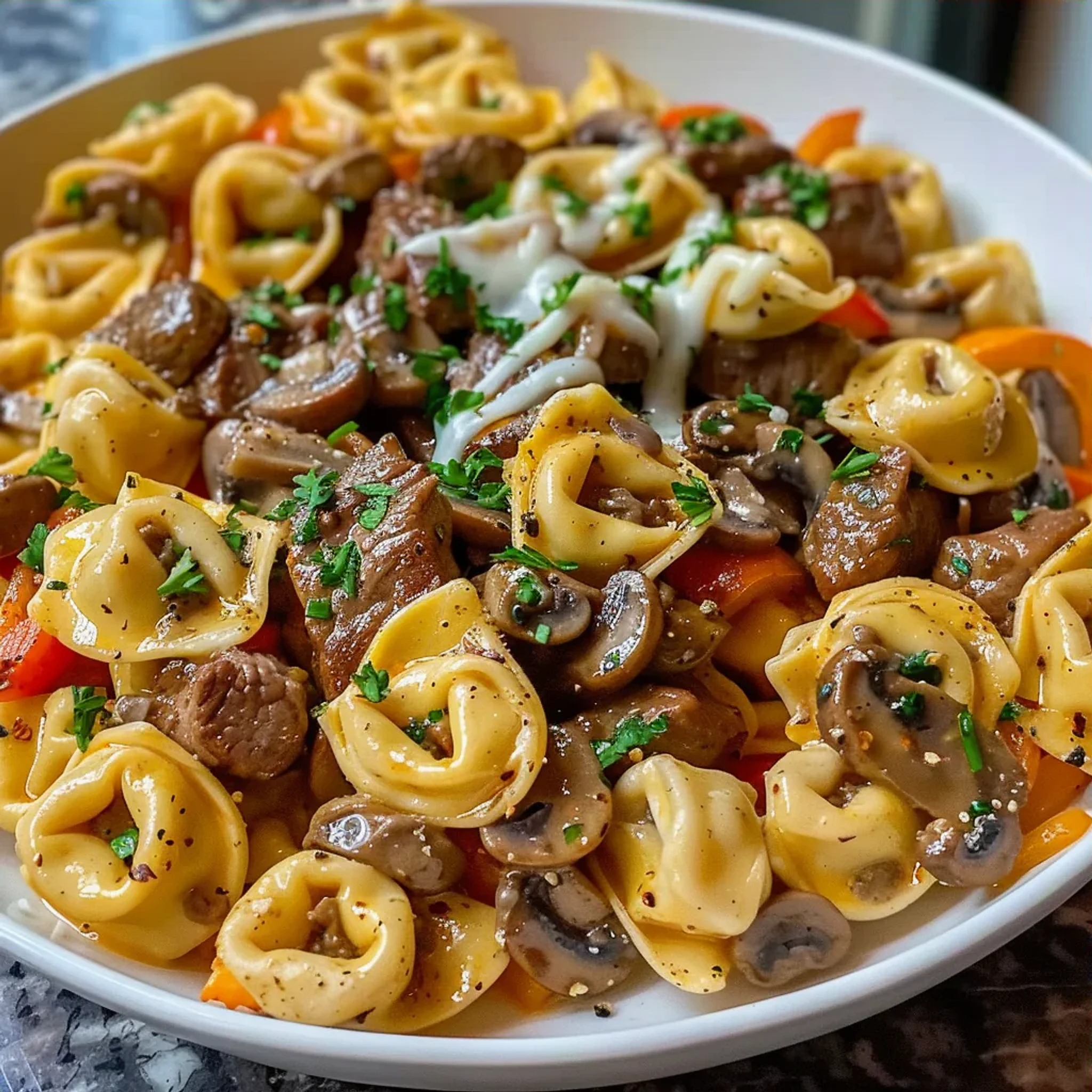 Easy Philly Cheesesteak Tortellini Pasta Recipe in 30 Minutes - Recipe Image