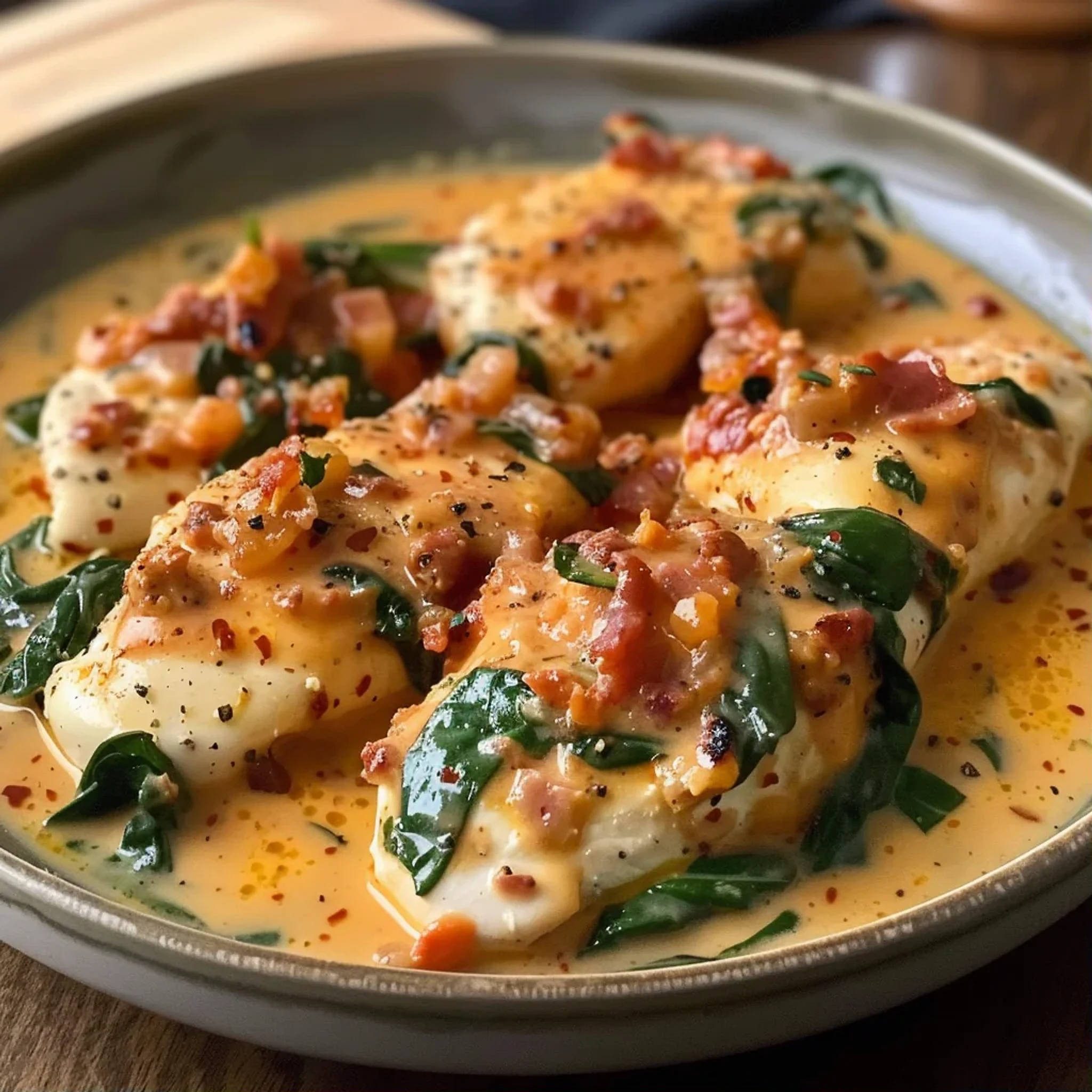 Easy Mozzarella Chicken with Cream Sauce and Spinach - Recipe Image