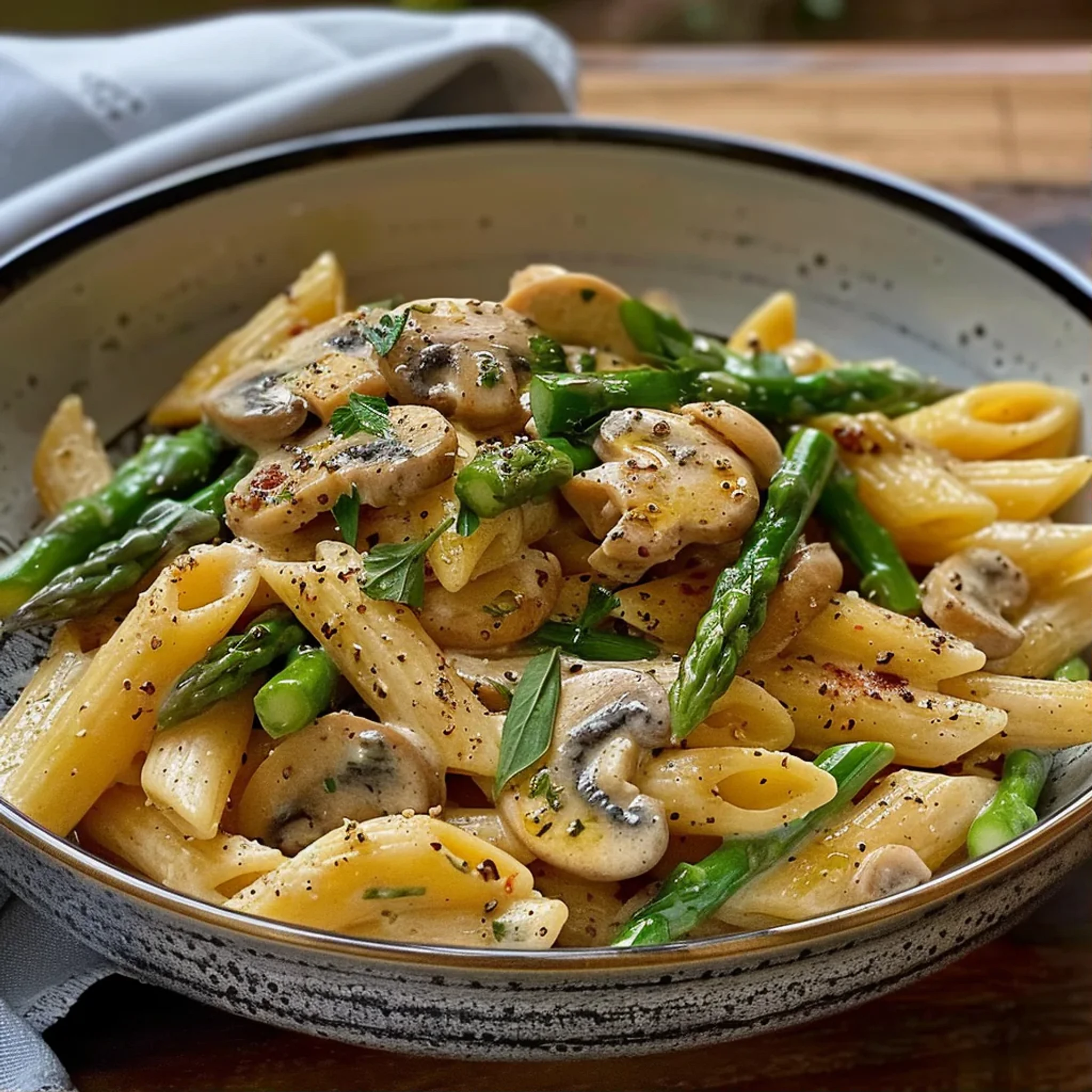 Easy 30-Minute Chicken Mushroom Asparagus Penne Pasta - Recipe Image
