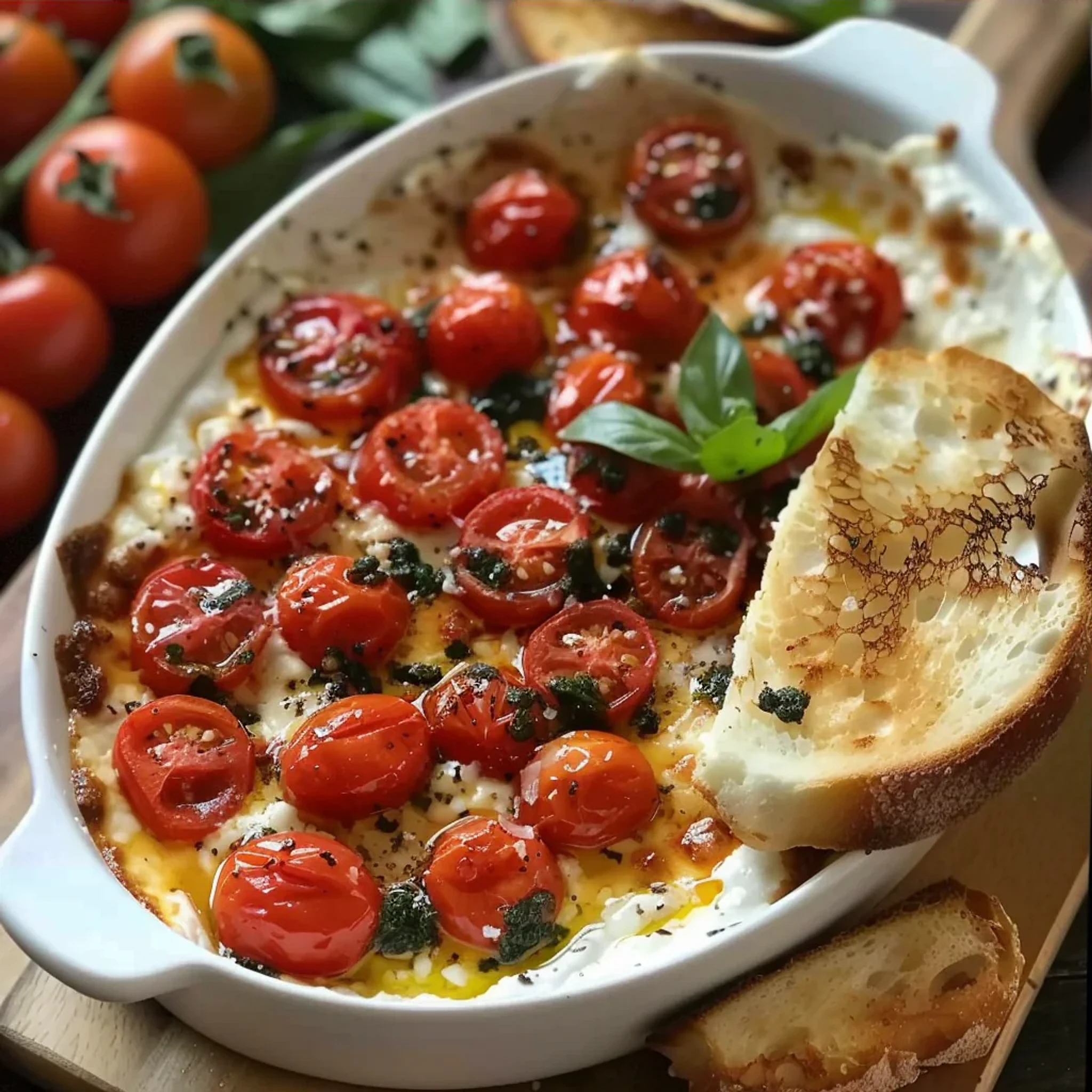 Three Cheese Tomato Bruschetta Dip Recipe for Appetizers - Recipe Image