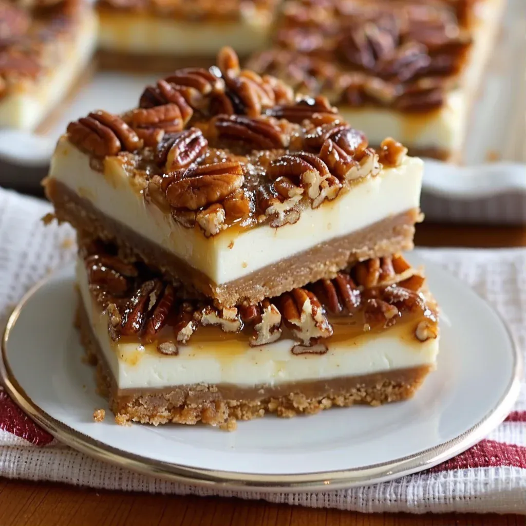 Pecan Pie Cheesecake Bars with Creamy Cheesecake and Gooey Pecan Topping - Recipe Image