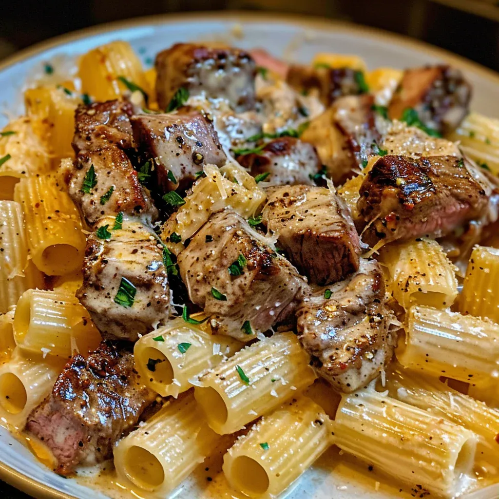 Cajun Steak Tips in Cheesy Rigatoni Parmesan Sauce - Recipe Image