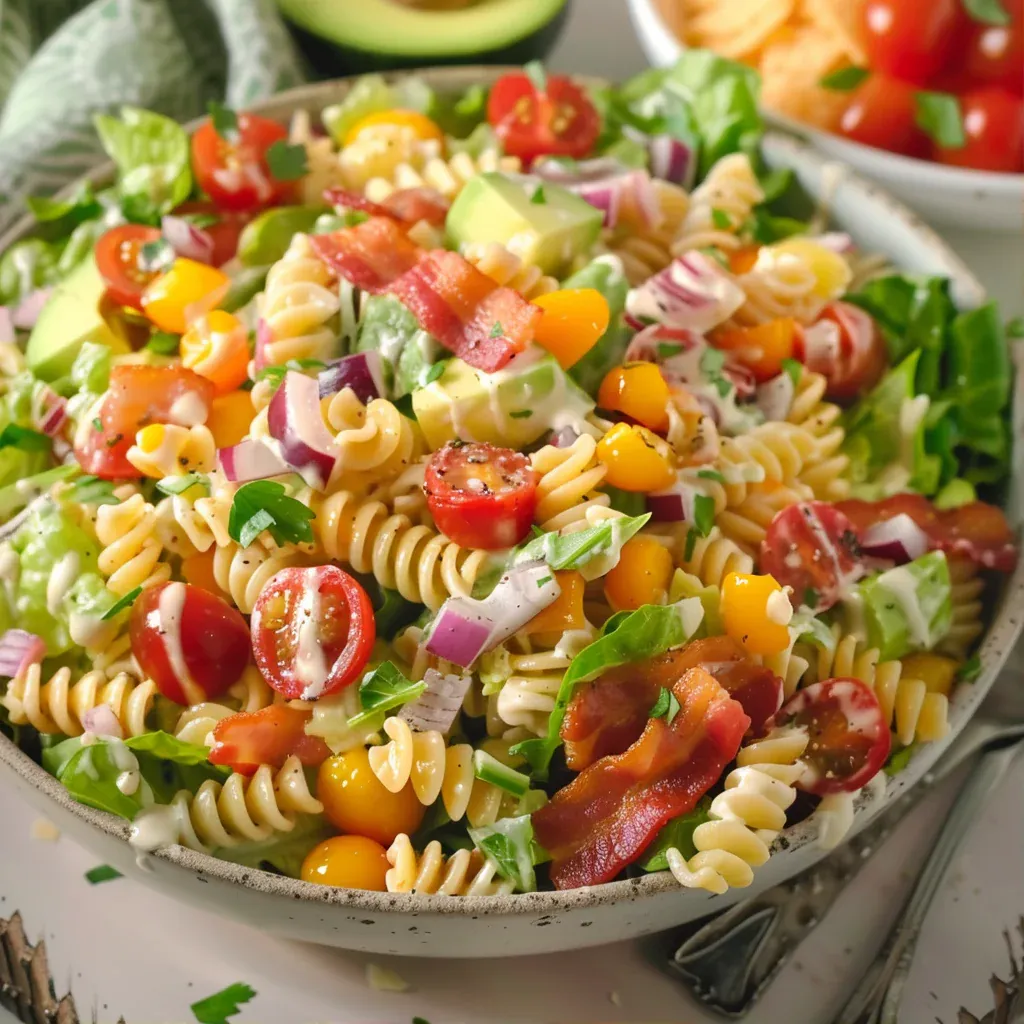 Easy BLT Pasta Salad Recipe with Juicy Tomatoes - Recipe Image