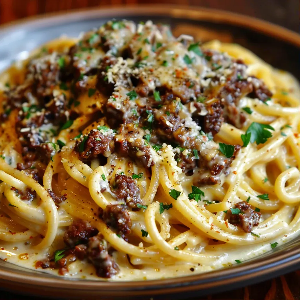 Cheesy Cajun Beef Spaghetti with Creamy Parmesan Sauce - Recipe Image