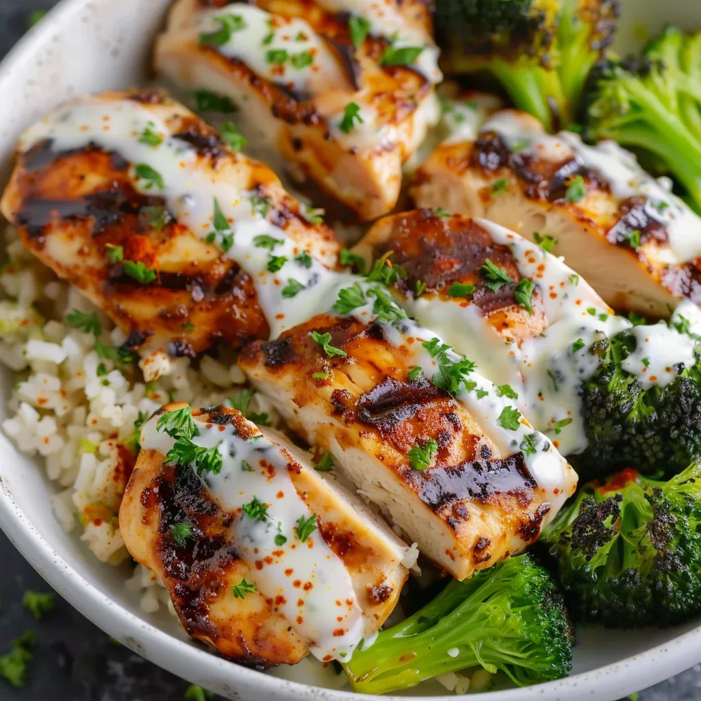 Easy Chicken and Broccoli Bowls with Creamy Garlic Sauce - Recipe Image